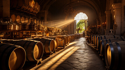 Wine barrels in a wine cellar. A room filled with wooden barrels