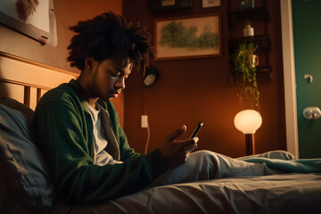Fototapeta premium Young black man using smartphone at home. Handsome man looking at mobile phone in his room. Communication, social media, connection, mobile apps, technology, day, modern lifestyle concept