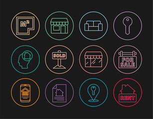 Set line Hanging sign with Rent, For Sale, Sofa, text Sold, Man dreaming about buying house, House plan, Market store and icon. Vector