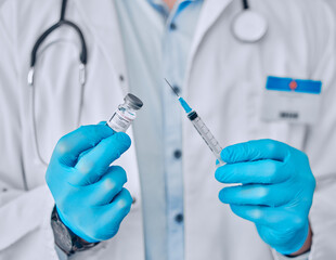 Vaccine, hands and doctor person with injection, medicine and bottle for healthcare and wellness....