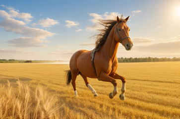 Equestrian Beauty: Horses Galloping Through a Golden Wheat Field. Generative AI.