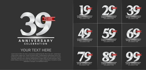 Fototapeta premium set of anniversary logo with silver number and red ribbon can be use for celebration