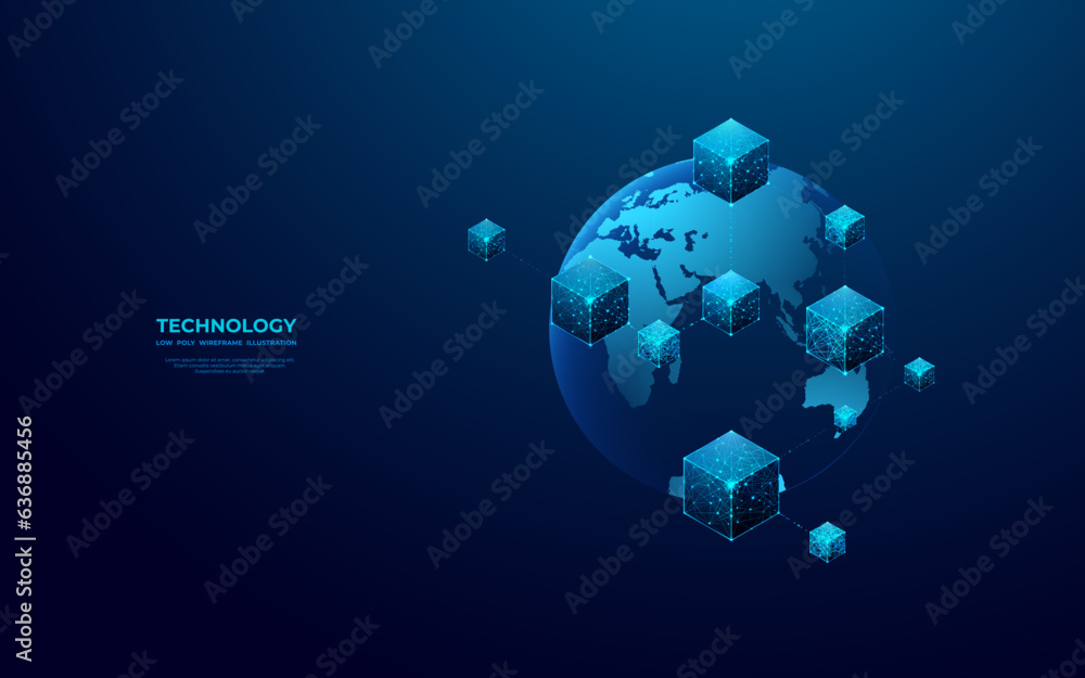 Aufkleber Abstract digital 3D blockchain icon on technology globe Earth background. Hologram of linked blocks in space in low poly wireframe futuristic style. Modern blue polygonal vector illustration.