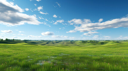 Fototapeta na wymiar Lush Green Field Under a Blue Cloudy Sky. Generative Ai