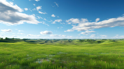 Obraz premium Lush Green Field Under a Blue Cloudy Sky. Generative Ai