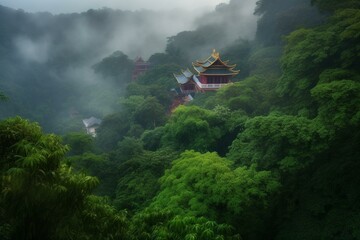 Enchanting rainforest veiled in mist, concealing a mountain temple amidst breathtaking panoramic vistas. Generative AI