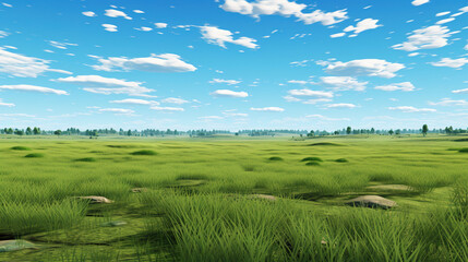 Fototapeta premium Lush Green Field Under a Blue Cloudy Sky. Generative Ai