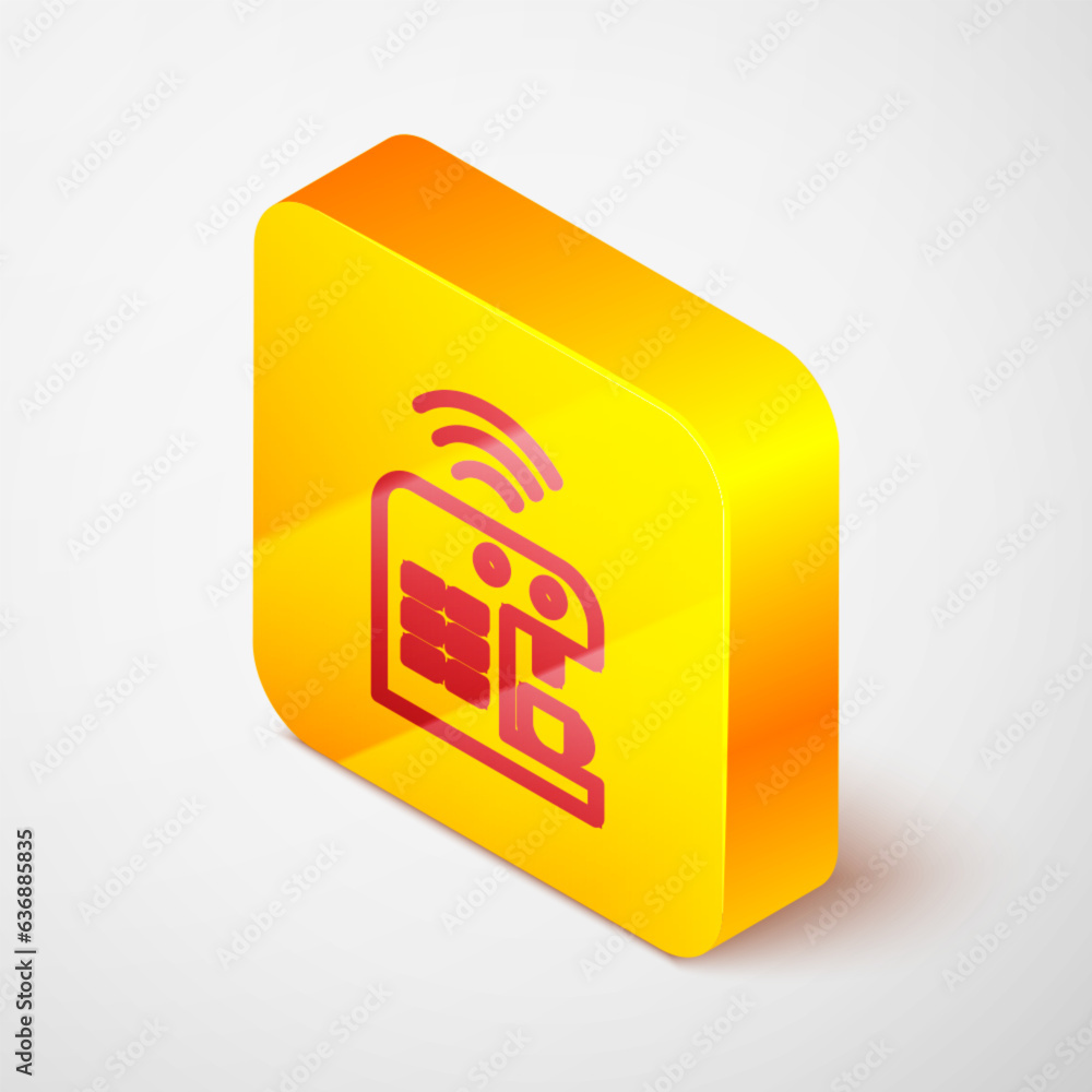 Poster isometric line smart coffee machine system icon isolated on grey background. internet of things conc