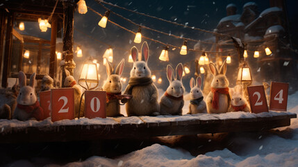 Rabbit family celebrating new year under warm light