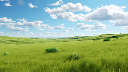 Lush Green Field Under a Blue Cloudy Sky. Generative Ai