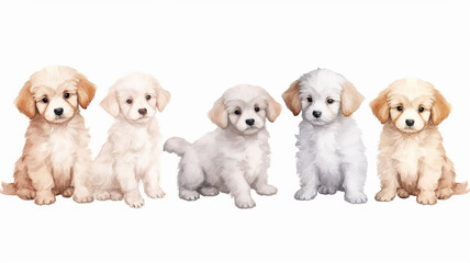 multicolored watercolor puppies on a white background.