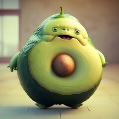 Amusing Cute cartoon fatty avocado, with arms and legs. Fat funny avocado character. Humorous Avocado fruit in cartoon style with a fat belly. AI generated. Obesity concept, unhealthy lifestyle