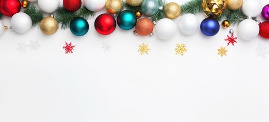 Festive ornaments and snowflakes on a white background, ideal for merry Christmas designs.