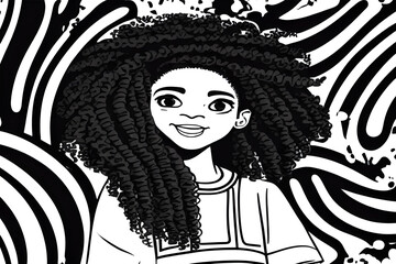 Monochrome portrait of beautiful curly teenage girl with afro hairstyle. Black and white portrait of a charming smiling girl with long curly hair. Happy girl. Modern Fictional character created by AI