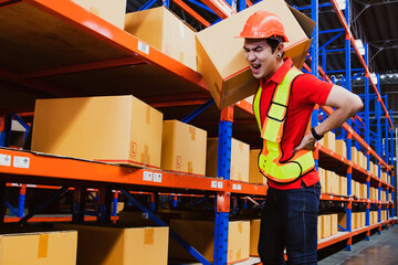 Back pain worker : Asian male worker working in warehouse carrying heavy packing cartons on...