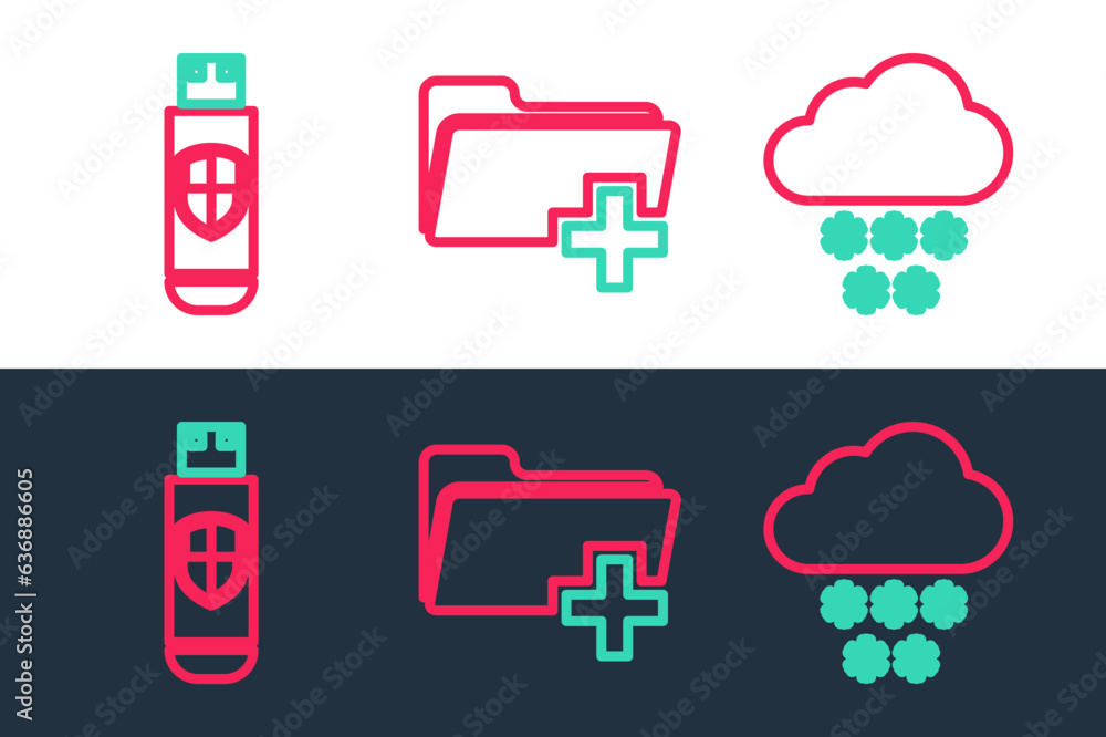 Aufkleber set line cloud with snow, usb flash drive and shield and add new folder icon. vector