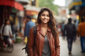Young beautiful woman portrait, indian student girl in a city, Young businesswoman smiling outdoor, People, enjoy life, student lifestyle, city life, business concept
