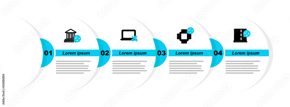 Poster set line database server service, processor, laptop and bank building icon. vector
