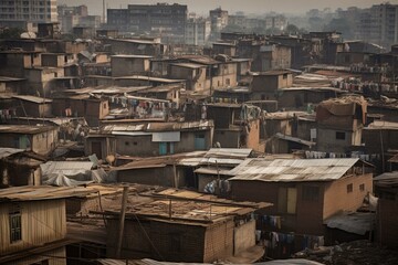 Crowded slum area with closely packed houses and buildings. Generative AI