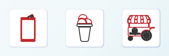 Set line Fast street food cart, Aluminum can and Ice cream icon. Vector
