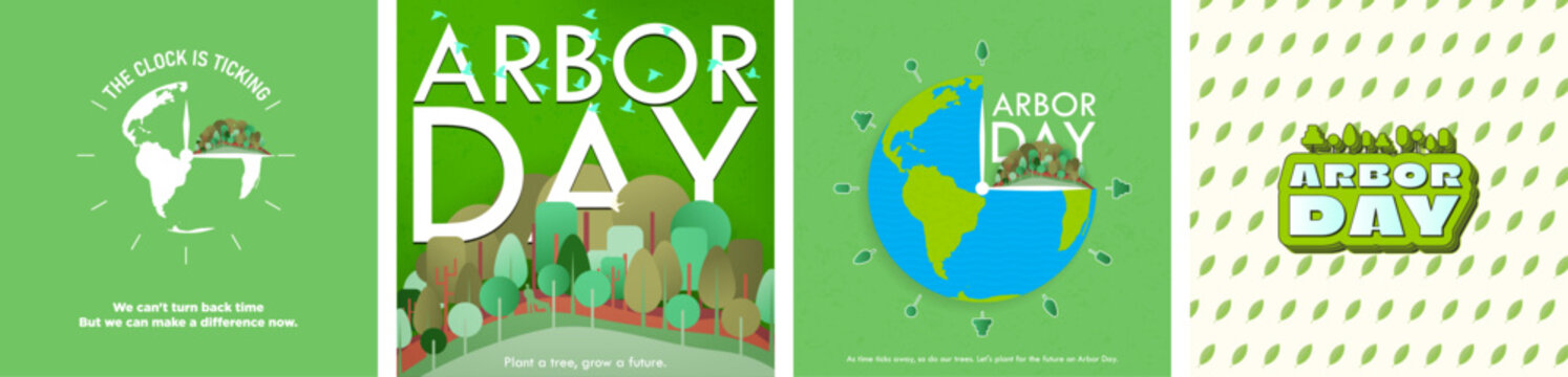 Arbor Day Poster Set. Earth and tree icon symbols and Arbor Day Typography. Plant a tree, grow a future. Vector Illustration. EPS 10.