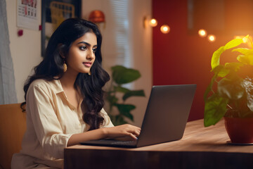 Young indian woman using laptop computer at home, Student girl relaxing in her room, Home work or study, freelance, online learning and communication concept