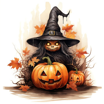pumpkin with witch mask sitting on top, Halloween poster and t-shirt. AI Generated Images