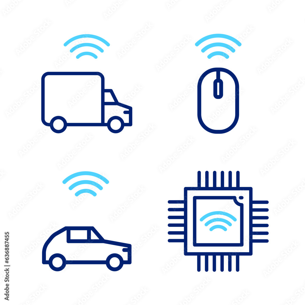 Wall mural set line processor with microcircuits cpu, smart car system wireless, wireless mouse and truck icon.