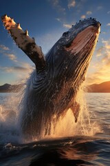 A humpback whale breaches gracefully out of the ocean's surface.