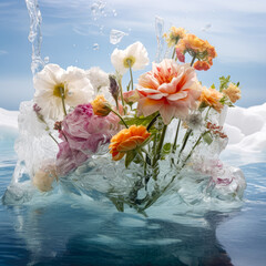 Fresh spring field flowers frozen in a huge iceberg, cold ice during cold winter days. Romantic floral background.