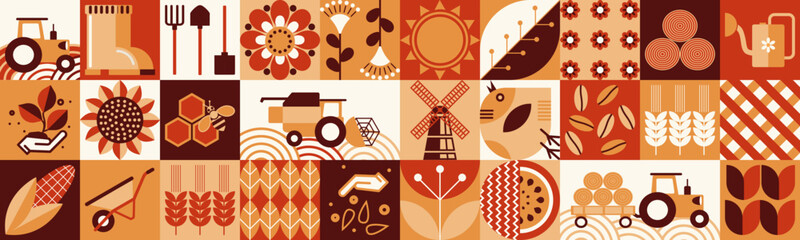 Autumn pattern. Agriculture, farming. Bauhaus mosaic style. Simple geometric shapes. Textile background of grains, poultry breeding, beekeeping, agricultural machinery, farm implements, flowers.