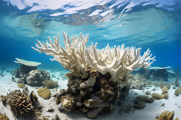 Fototapeta na wymiar panoramic underwater view of a lifeless bleached coral reef