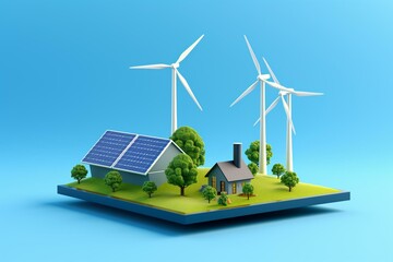 A 3D solar panel with windmills on a blue background, accompanied by trees and space for text. Generative AI