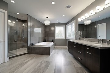 Contemporary grey bathroom showcases elevated tub and generous room. Text provided. Generative AI