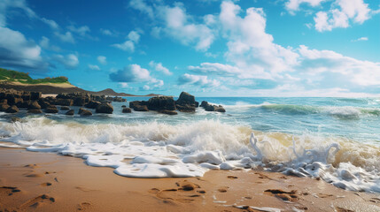 Fototapeta na wymiar Rocky Beach with Waves and Seagulls. Generative Ai