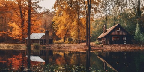 Fototapeta premium Autumn landscape with wooden house, bridge and lake in the park