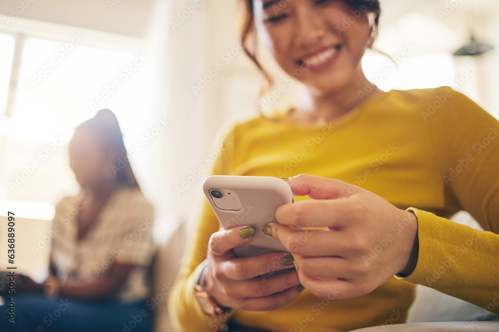 Poster phone, networking and closeup of woman browsing on social media, mobile app or the internet. technol