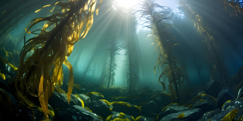 beautiful atmospheric underwater scene with kelp forest