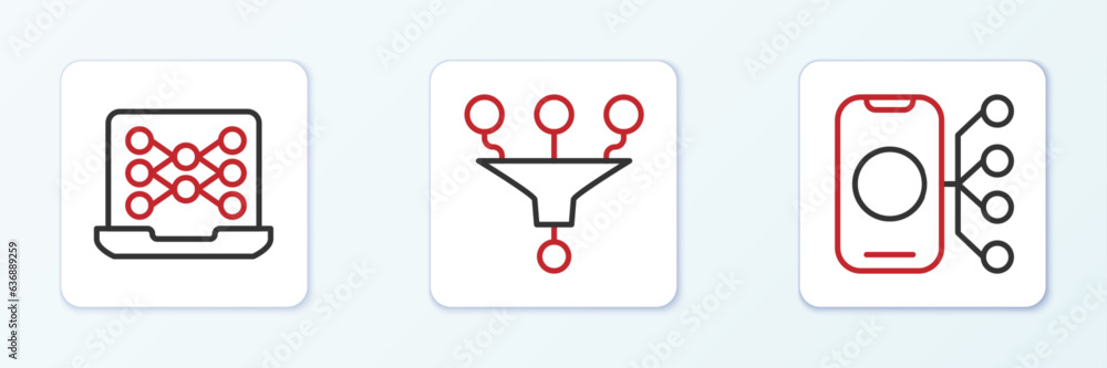 Poster set line neural network, and funnel filter icon. vector