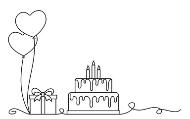 cake with gift box line art style. birthday element vector