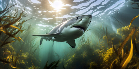 underwater panorama of great white shark swimming through kelp forest