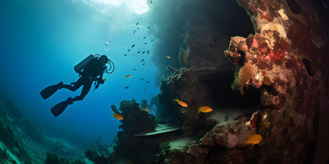 beautiful underwater reef scene with scuba diver