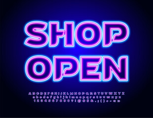 Vector Neon Sign Shop Open. Bright Glowing Font. Electric Alphabet Letters and Numbers set