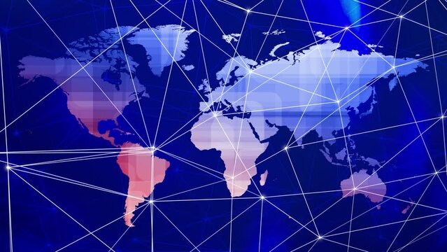 Science of connectivity the geometric lines and dots linking the world map communication. Contemporary wallpaper the world map white lines and connected network as a modern backdrop