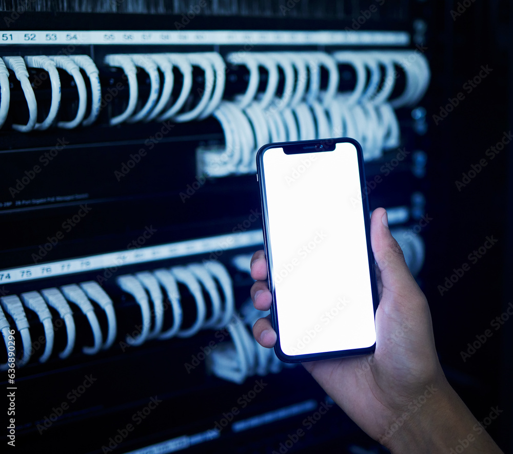 Aufkleber Phone screen, server room and hands of engineering person for data protection, cyber security and software mockup. Technician, mobile and ux design space for information technology and coding app