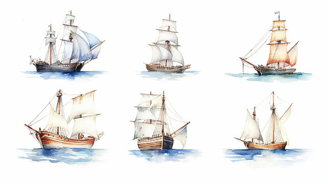 collection sailboat watercolor drawing on a white background isolated,  AI
