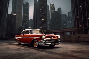Classic car amidst contemporary urban landscape with towering skyscrapers in the backdrop. Generative AI