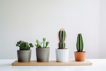 Three potted plants on a white table beside a white wall and a cactus picture. Generative AI