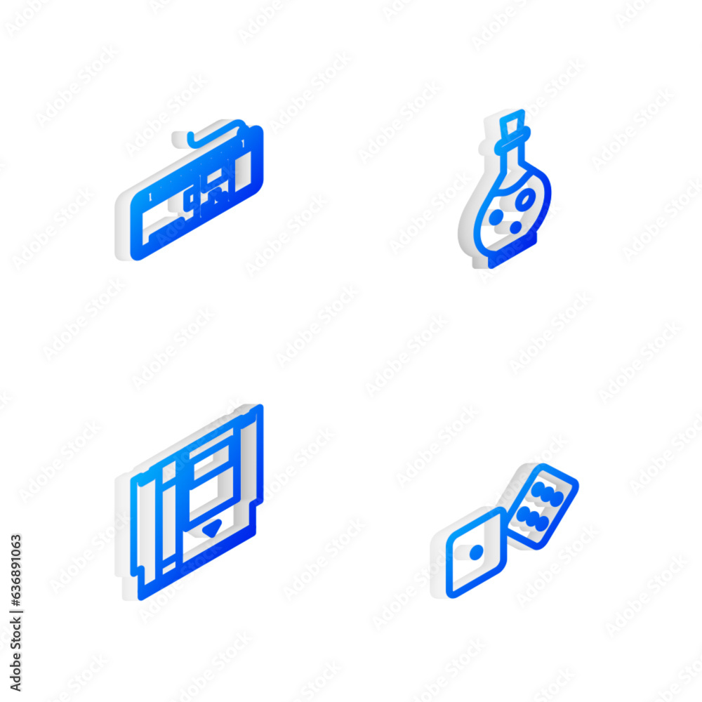 Poster set isometric line bottle with magic elixir, computer keyboard, cartridge and game dice icon. vector