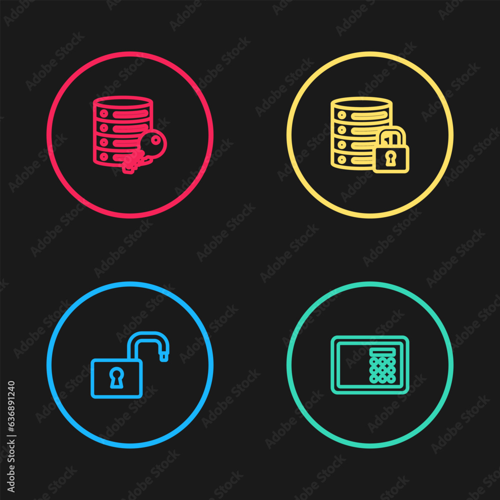 Poster set line open padlock, safe, server security with and key icon. vector